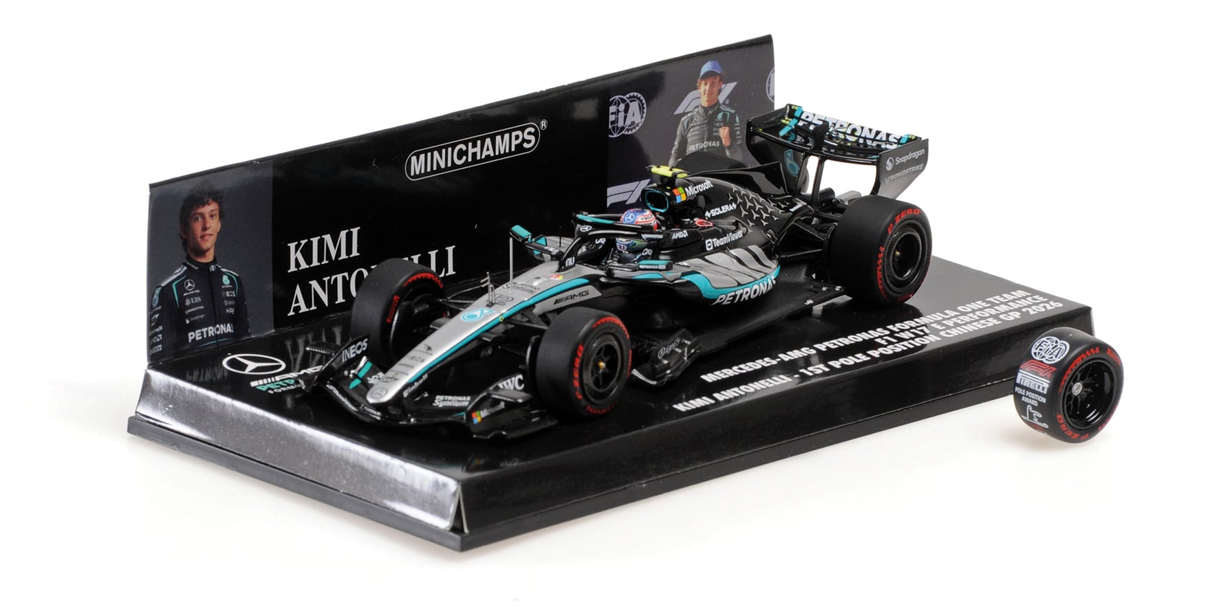 Minichamps 1:43 Mercedes-AMG Petronas F1 Team W17 No.12 Kimi Antonelli First Pole Position Chinese GP 2026 with Pole Position Tyre (417260222) Limited Edition Resin Model 3 Minichamps 1:43 Mercedes-AMG Petronas F1 Team W17 No.12 Kimi Antonelli First Pole Position Chinese GP 2026 with Pole Position Tyre (417260222) Limited Edition Resin Model