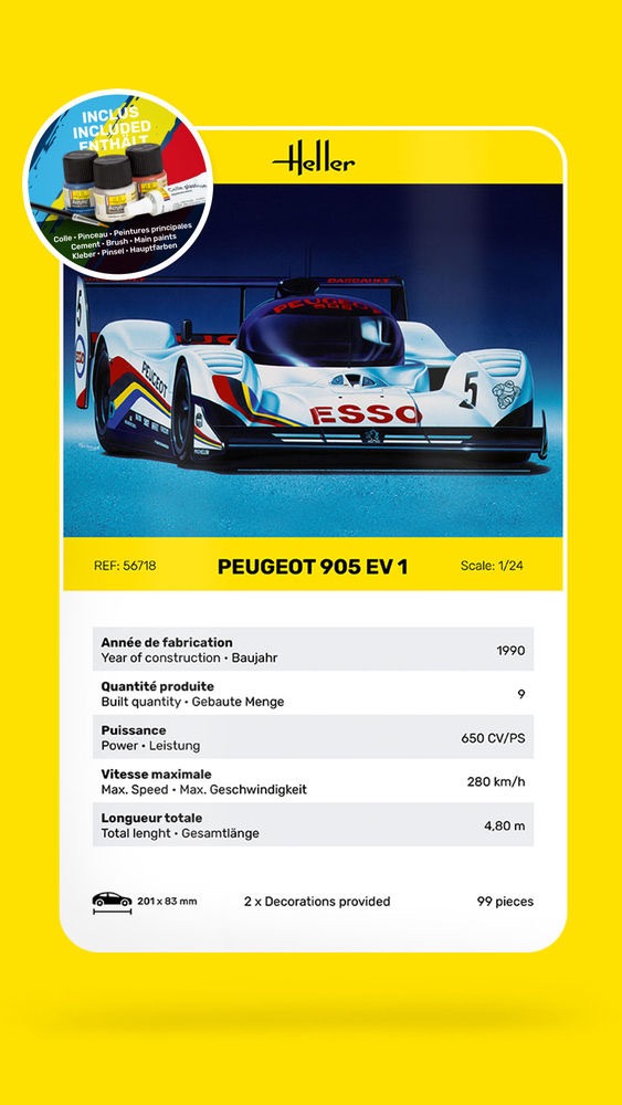 Heller 56718 Peugeot 905 EVO 1 Lemans Prototype Race Car Plastic Model 1:24 Starter Kit