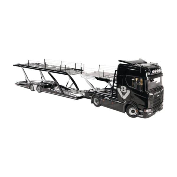 1:18 Scania V8 730S 4x2 & LOHR Car Transporter Black with V8 Logo - Diecast Model - NZG