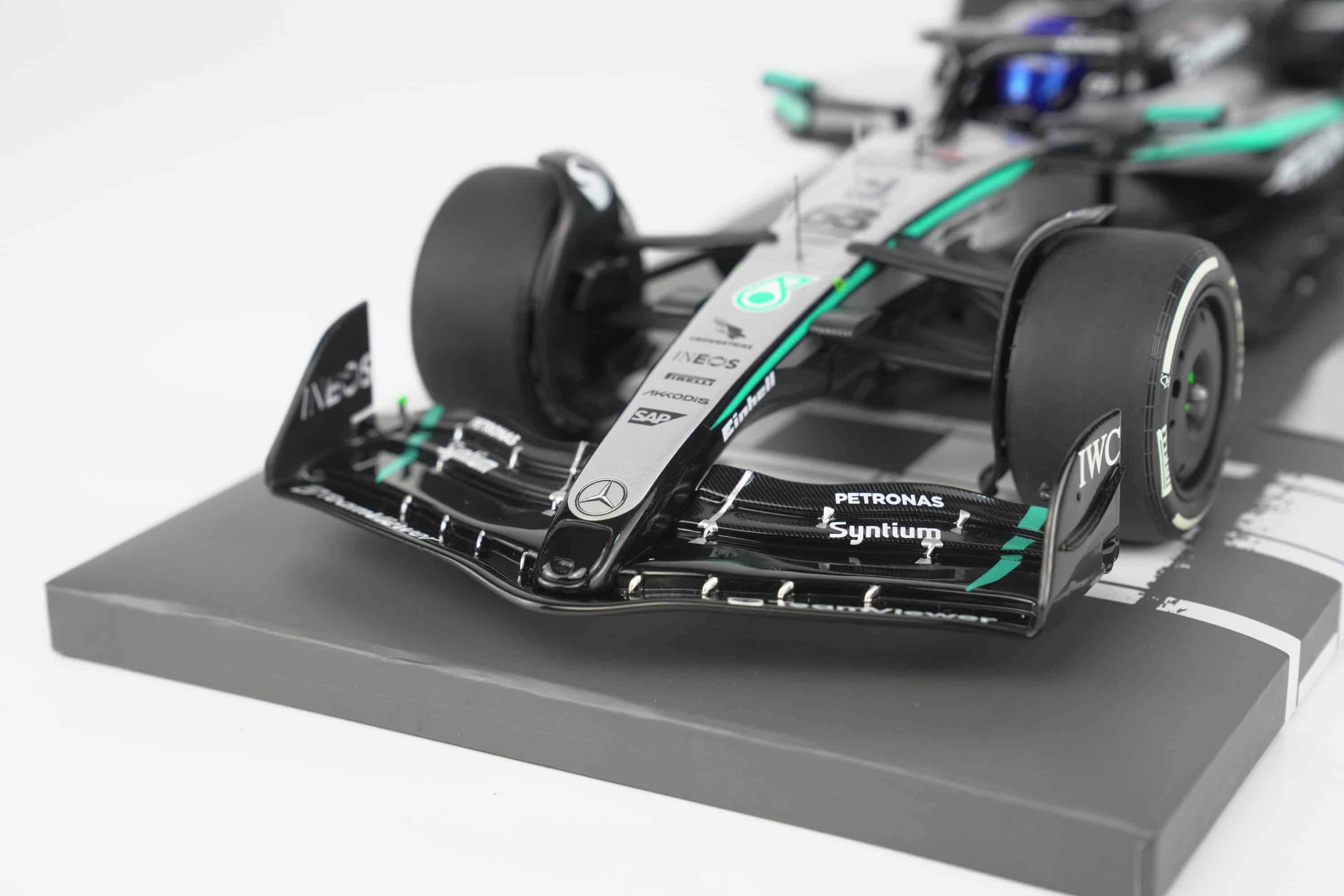 Minichamps 1:18 Mercedes-AMG Petronas F1 Team W16 E Performance No.63 George Russell Winner Singapore GP 2025 (117251863) Limited Edition Resin Model 9 Minichamps 1:18 Mercedes-AMG W16 E Performance No.63 George Russell Winner Singapore GP 2025 black silver resin model (117251863) - front wing detail