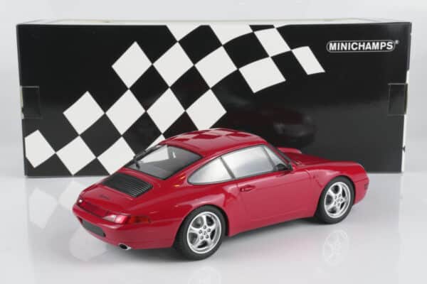 Minichamps 1:18 Porsche 911 (993) Coupe red 1993 diecast model (155061102) - with box, rear three-quarter