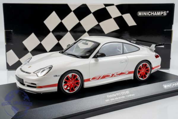 Minichamps - 1:18 Porsche 911 GT3 RS (997) White with Red Stripe 2002 - Limited Edition Diecast Model 6 155062020