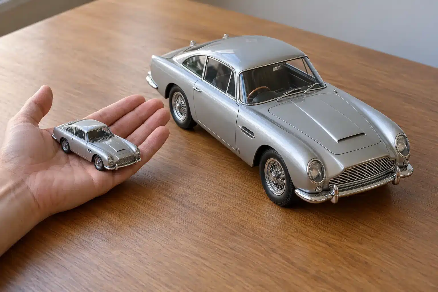 Scale Guide 11 A 1:64 scale model car held in the palm of a hand next to a 1:18 scale model of the same car