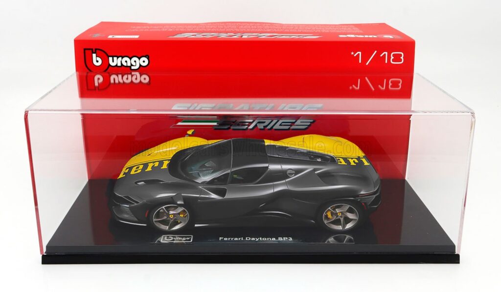 Pre-Order the Limited Edition Monterey Car Week Ferrari SP3 Daytona in 1:18 Scale by Bburago 1 Bburago - 1:18 Ferrari Daytona SP3 Closed Roof Special Monterey Car Week Charity Livery - Limited Edition Diecast Model