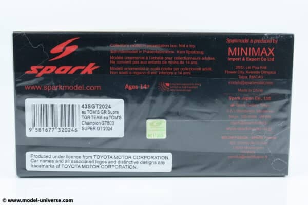 Spark - 1:43 Toyota GR Supra GT500 No.36 TGR Team AU Tom's - S.Tsuboi, K.Yamashita - GT500 Super GT Champion 2024 with Champion Board - Resin Model