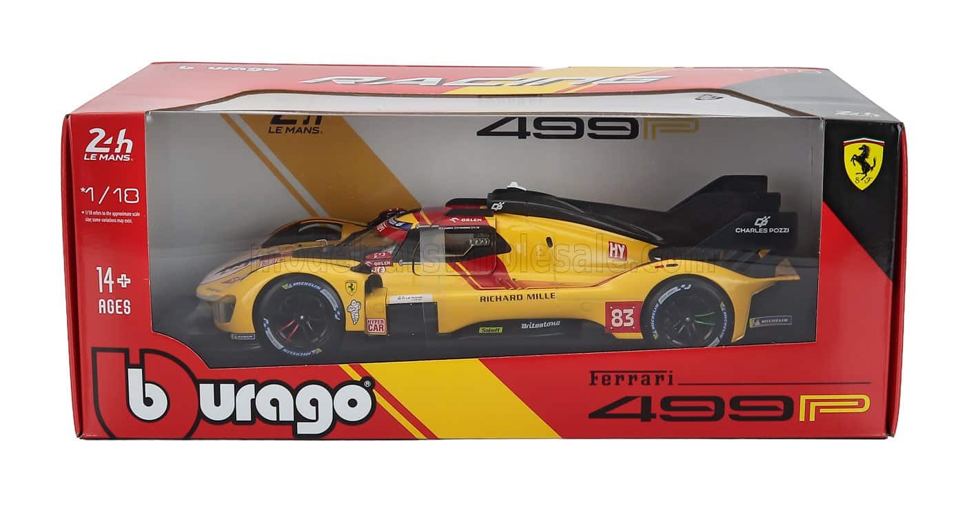 Bburago 1:18 Ferrari 499P No.83 Winner 24h Le Mans 2025 - R.Kubica, P.Hanson, Y.Ye (18-16308) Diecast Model 10 Bburago 1:18 Ferrari 499P No.83 Winner 24h Le Mans 2025 - R.Kubica, P.Hanson, Y.Ye - Diecast Model