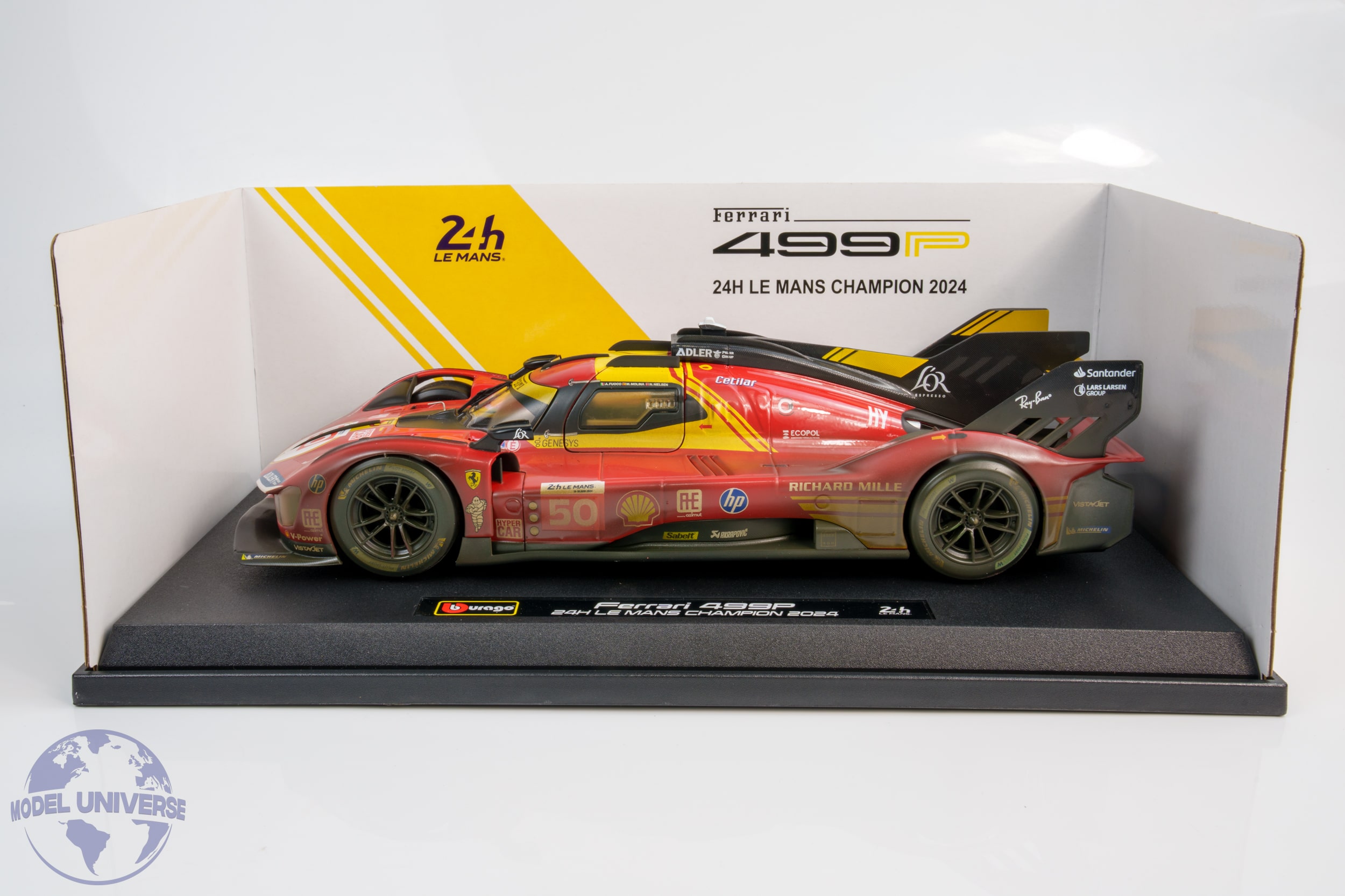 Bburago - 1:18 Ferrari 499P No.50 Winner 24h Le Mans 2024 Fuoco, Molina, Nielsen - "Dirty Race Weathered Version" - Diecast Model 11 Bburago - 1:18 Ferrari 499P No.50 Winner 24h Le Mans 2024 Fuoco, Molina, Nielsen - "Dirty Race Weathered Version" - Diecast Model