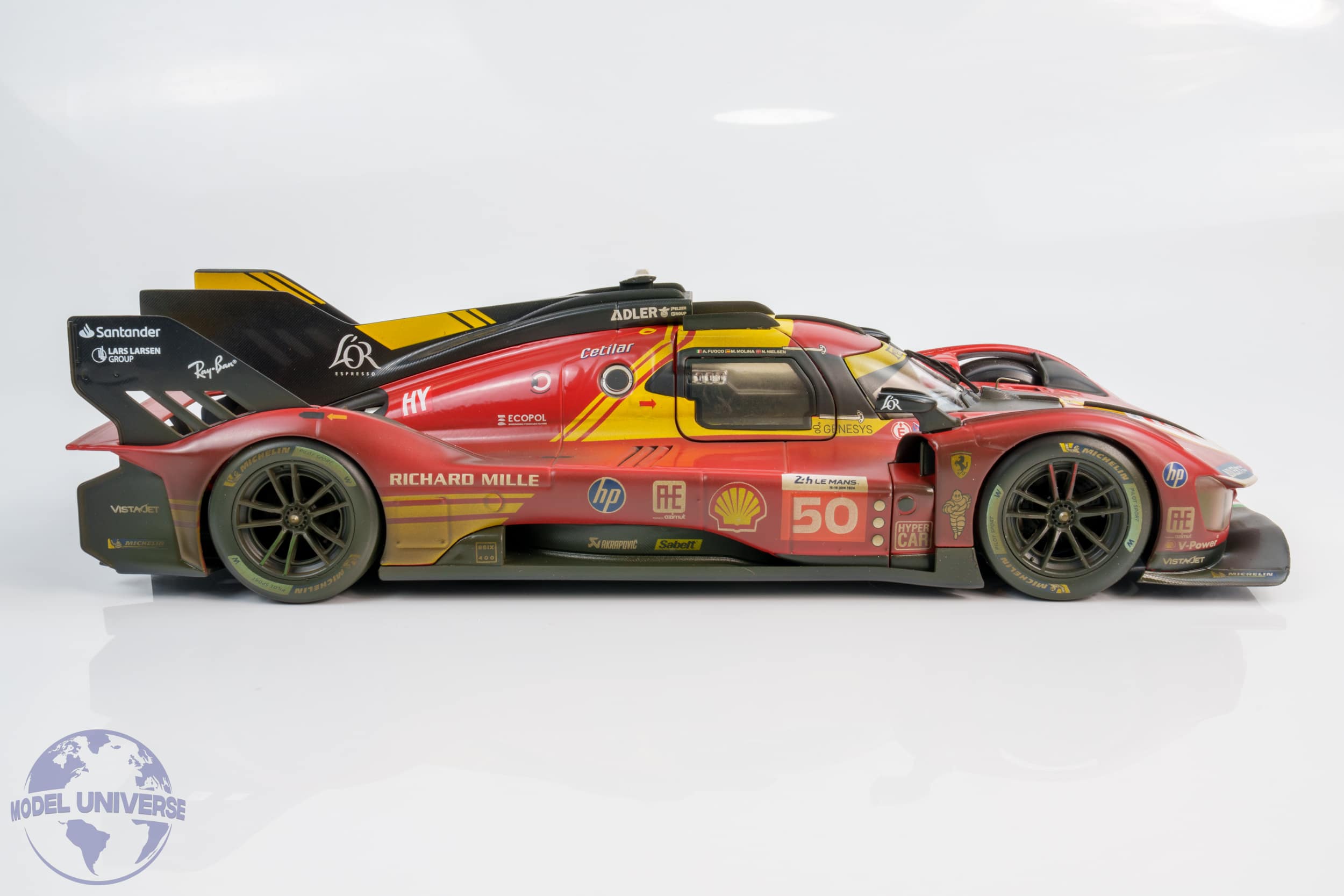 Bburago - 1:18 Ferrari 499P No.50 Winner 24h Le Mans 2024 Fuoco, Molina, Nielsen - "Dirty Race Weathered Version" - Diecast Model 10 Bburago - 1:18 Ferrari 499P No.50 Winner 24h Le Mans 2024 Fuoco, Molina, Nielsen - "Dirty Race Weathered Version" - Diecast Model