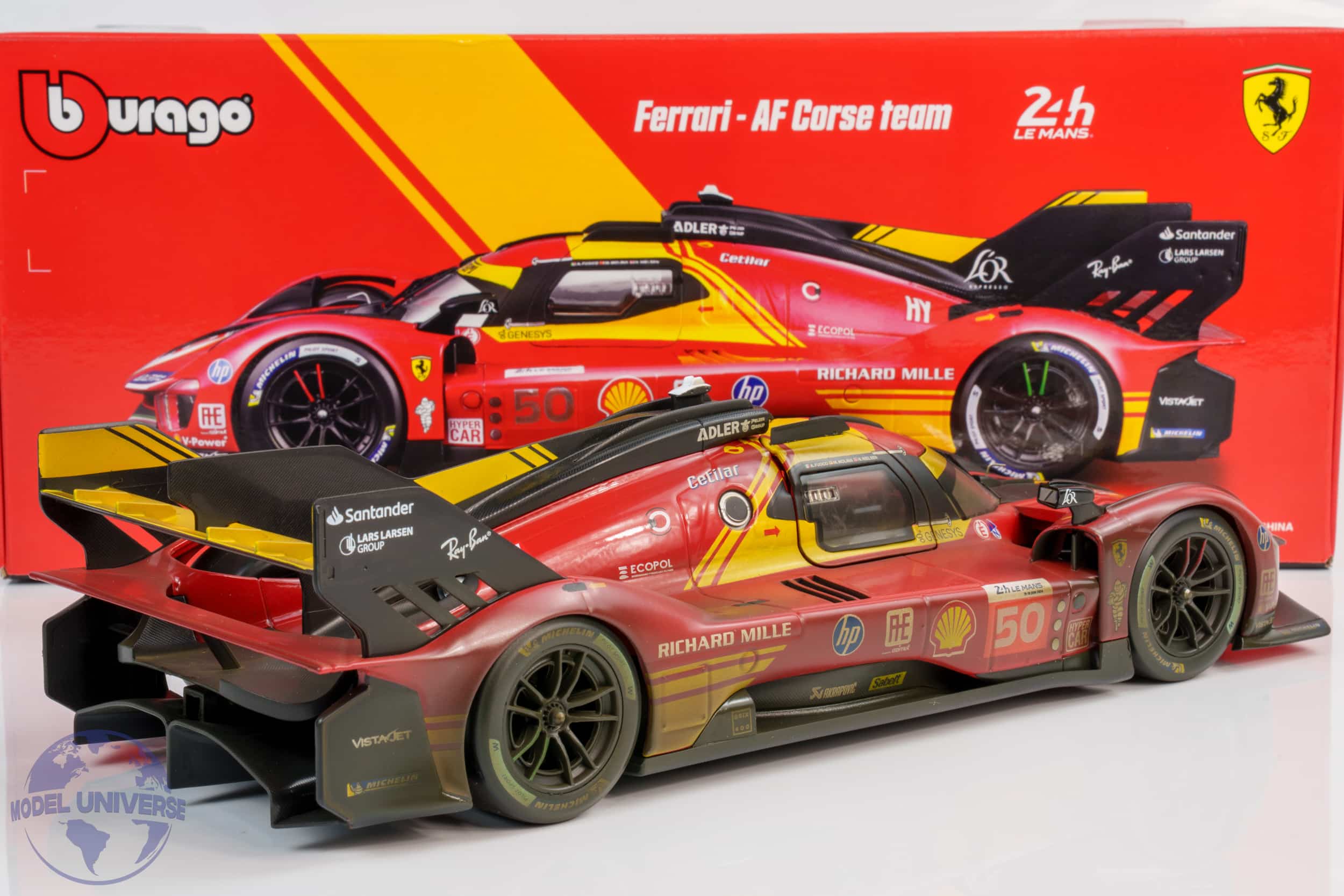 Bburago - 1:18 Ferrari 499P No.50 Winner 24h Le Mans 2024 Fuoco, Molina, Nielsen - "Dirty Race Weathered Version" - Diecast Model 4 Bburago - 1:18 Ferrari 499P No.50 Winner 24h Le Mans 2024 Fuoco, Molina, Nielsen - "Dirty Race Weathered Version" - Diecast Model