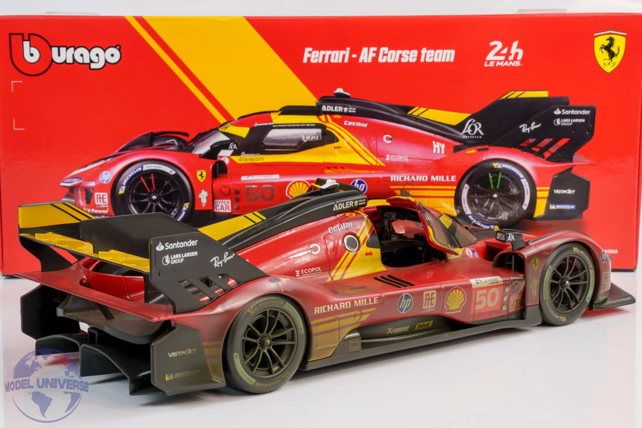 Bburago - 1:18 Ferrari 499P No.50 Winner 24h Le Mans 2024 Fuoco, Molina, Nielsen - "Dirty Race Weathered Version" - Diecast Model 3 Bburago - 1:18 Ferrari 499P No.50 Winner 24h Le Mans 2024 Fuoco, Molina, Nielsen - "Dirty Race Weathered Version" - Diecast Model