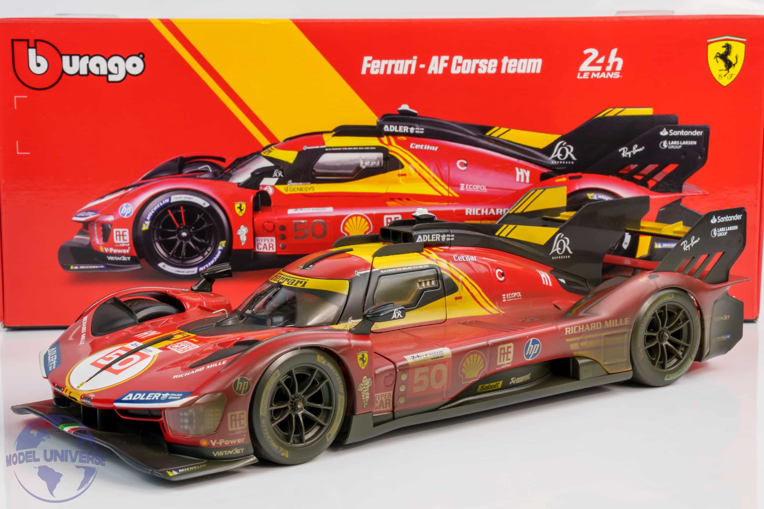 Bburago - 1:18 Ferrari 499P No.50 Winner 24h Le Mans 2024 Fuoco, Molina, Nielsen - "Dirty Race Weathered Version" - Diecast Model 1 Bburago - 1:18 Ferrari 499P No.50 Winner 24h Le Mans 2024 Fuoco, Molina, Nielsen - "Dirty Race Weathered Version" - Diecast Model