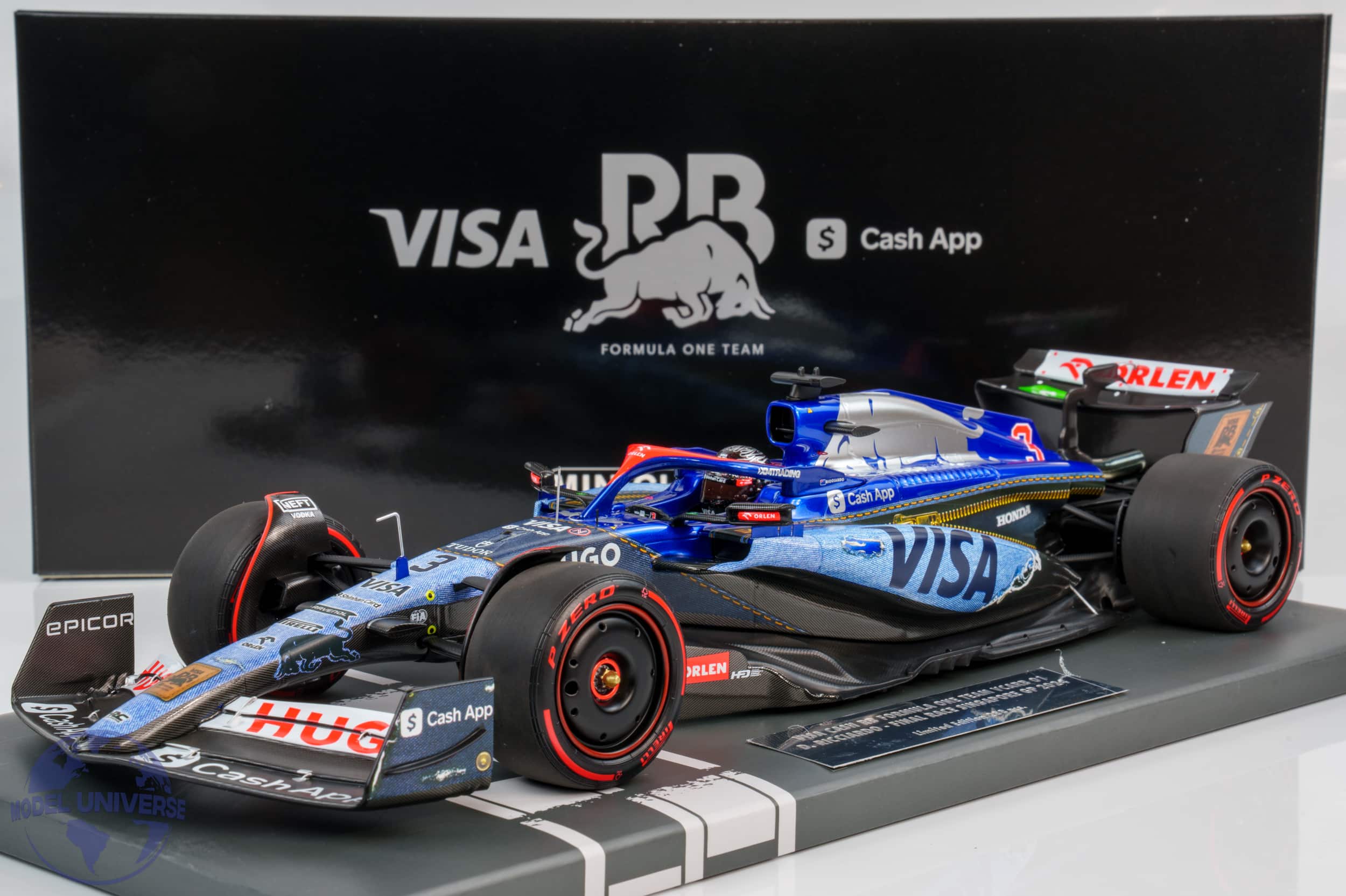 Minichamps - 1:18 Visa Cash App RB VCARB01 Daniel Ricciardo Last Race 2024 Singapore GP - Limited Edition Resin Model 1 Minichamps - 1:18 Visa Cash App RB VCARB01 Daniel Ricciardo Last Race 2024 Singapore GP - Limited Edition Resin Model