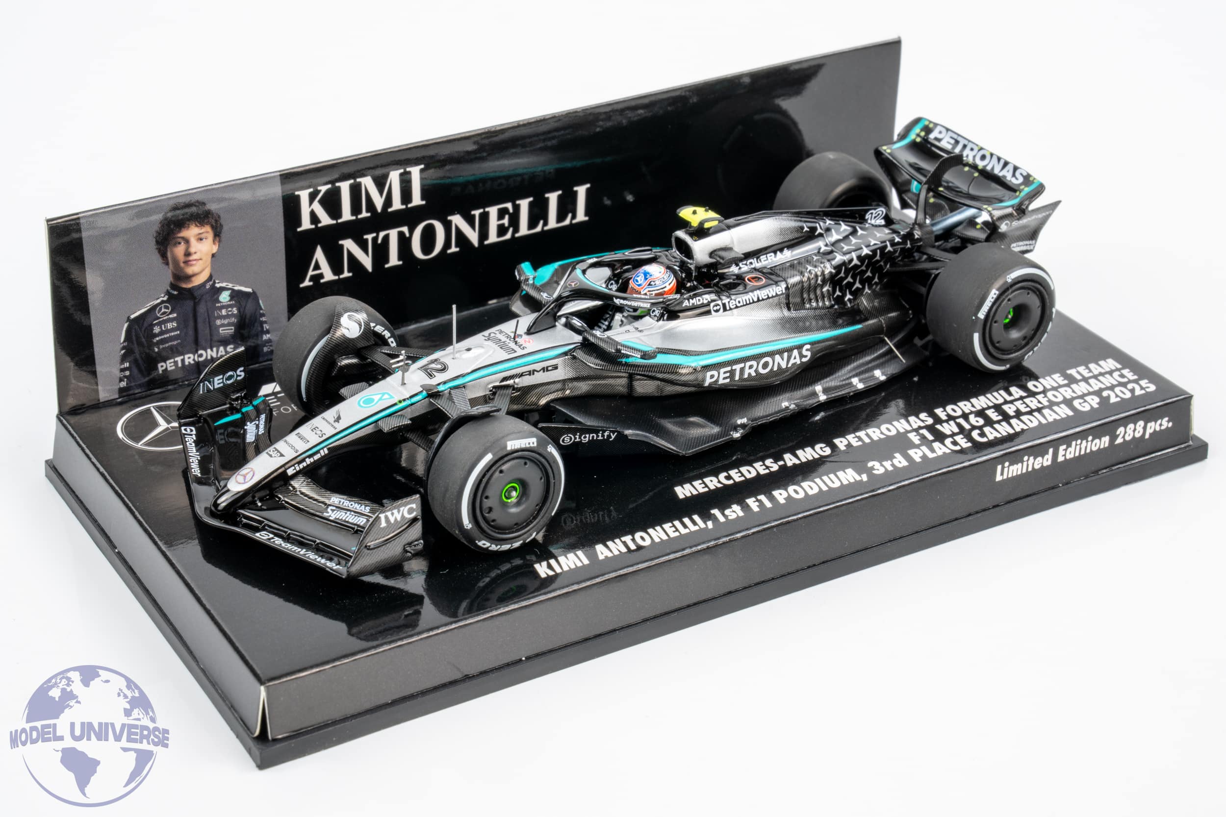 Minichamps - 1:43 Mercedes-AMG Petronas F1 W16 No.12 Kimi Antonelli First Podium Canadian GP 2025 - Limited Edition Resin Model