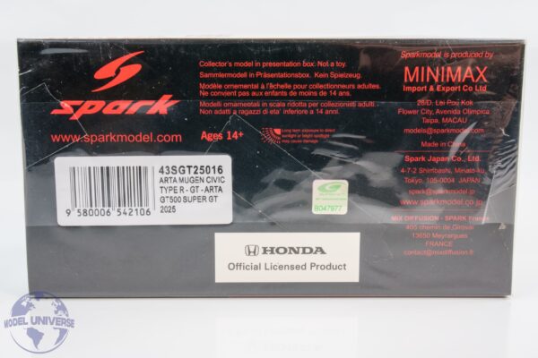 Spark - 1:43 Honda Civic Type-R GT ARTA No.16 Otsu, Matsushita Super GT500 2025 - Resin Model 7 Spark - 1:43 Honda Civic Type-R GT ARTA No.16 Otsu, Matsushita Super GT500 2025 - Resin Model