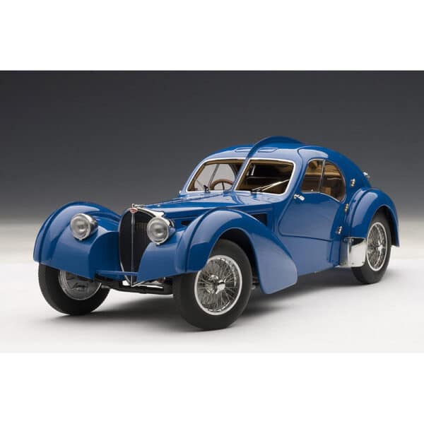 autoart - 1:18 bugatti type 57s atlantic (blue with silver metal wire spoke wheels)