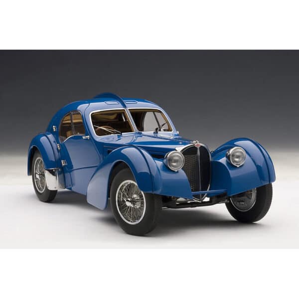 autoart - 1:18 bugatti type 57s atlantic (blue with silver metal wire spoke wheels)
