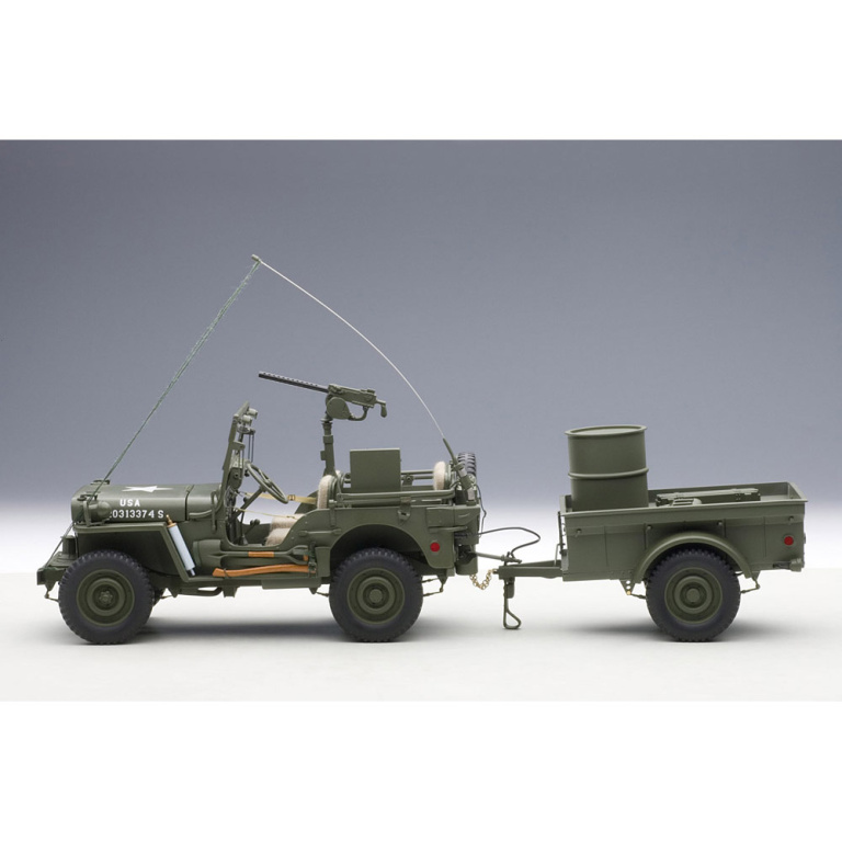 autoart - 1:18 jeep willys with trailer (army green)