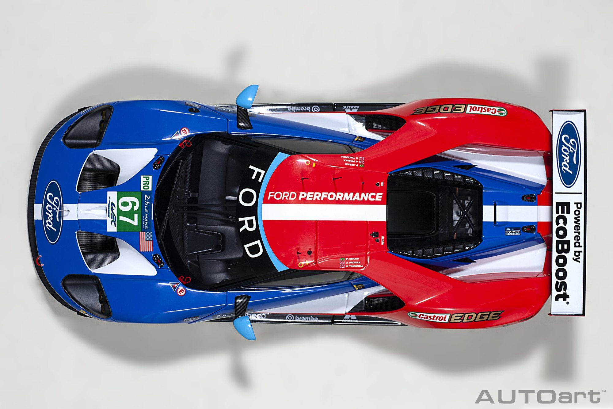 AUTOart 1:18 Ford GT No.67 2nd LMGTE Pro 24h Le Mans 2017 (81710) Composite Model 10 AUTOart 1:18 Ford GT GTE Pro Le Mans 24h 2017 #67 (81710) composite model – top-down view