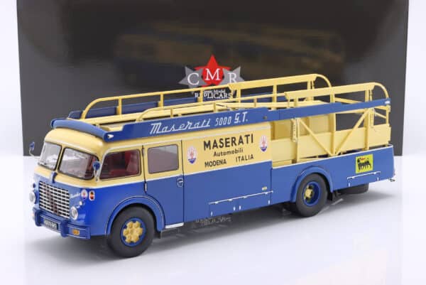 CMR - 1:18 Fiat 642 RN2 Bartoletti Maserati Race Car Transporter 1957 Blue/Yellow - Diecast Model