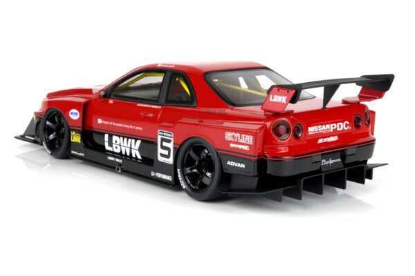 GT Spirit 1:18 Nissan Skyline R34 GT-R LB Super Silhouette Red 2020 (GT570) Limited Edition Resin Model 19 GT Spirit 1:18 Nissan Skyline R34 GT-R LB Super Silhouette Red (GT570) rear three-quarter