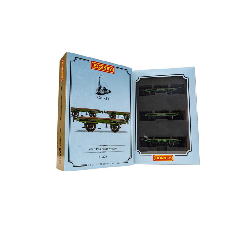 hornby - flat bed wagon pack containing 3 x flat bed wagons (stephenson's rocket) (r60014) oo gauge