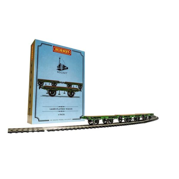 hornby - flat bed wagon pack containing 3 x flat bed wagons (stephenson's rocket) (r60014) oo gauge