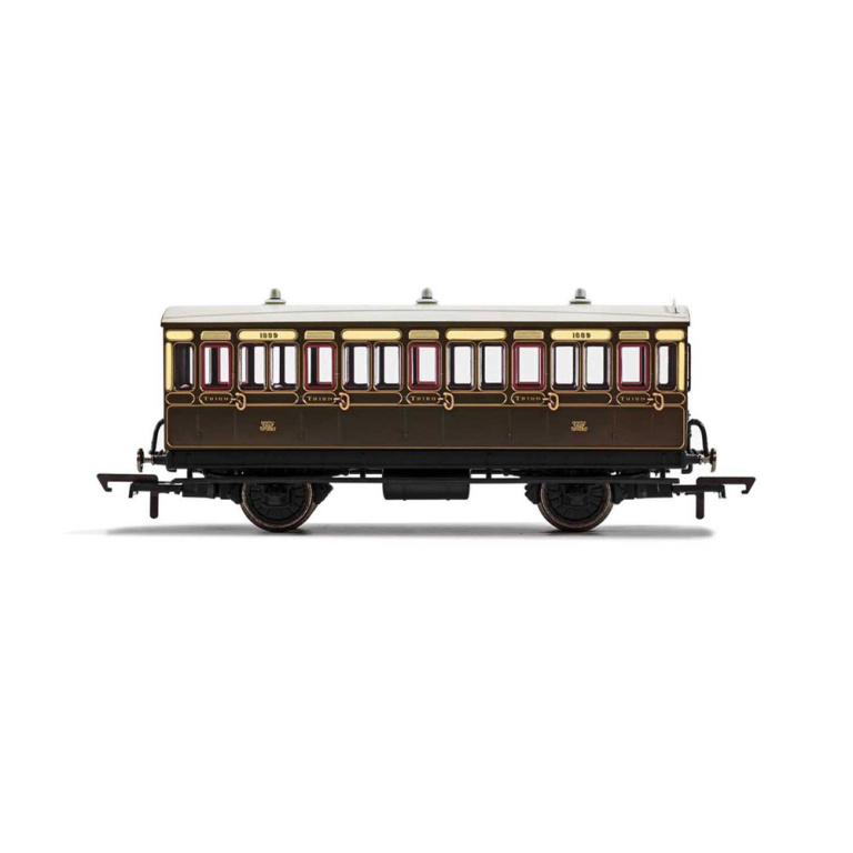 hornby - gwr, 4 wheel coach, 3rd class, fitted lights, 1889 (r40112) oo gauge