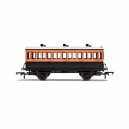 hornby - lswr, 4 wheel coach, 3rd class, fitted lights, 308 (r40108a) oo gauge