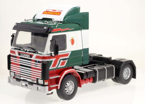 mcg - 1:18 scania 143 topline green/red bilspedition 1987 diecast model