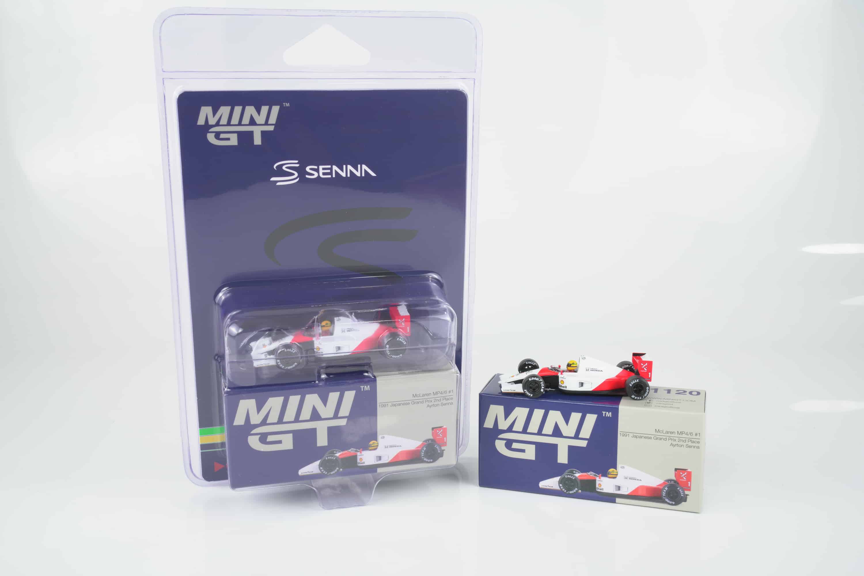 Mini GT - 1:64 McLaren MP4/6 No.1 Ayrton Senna 2nd Place Japanese GP 1991 (Blister Edition) - Diecast Model 2 Mini GT 1:64 McLaren MP4/6 No.1 Ayrton Senna Japanese GP 1991 blister edition diecast model (MGT01120-BL) - in blister pack