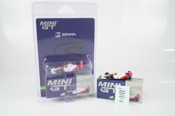 Mini GT 1:64 McLaren MP4/6 No.1 Ayrton Senna Japanese GP 1991 blister edition diecast model (MGT01120-BL) - blister pack with decal sheet