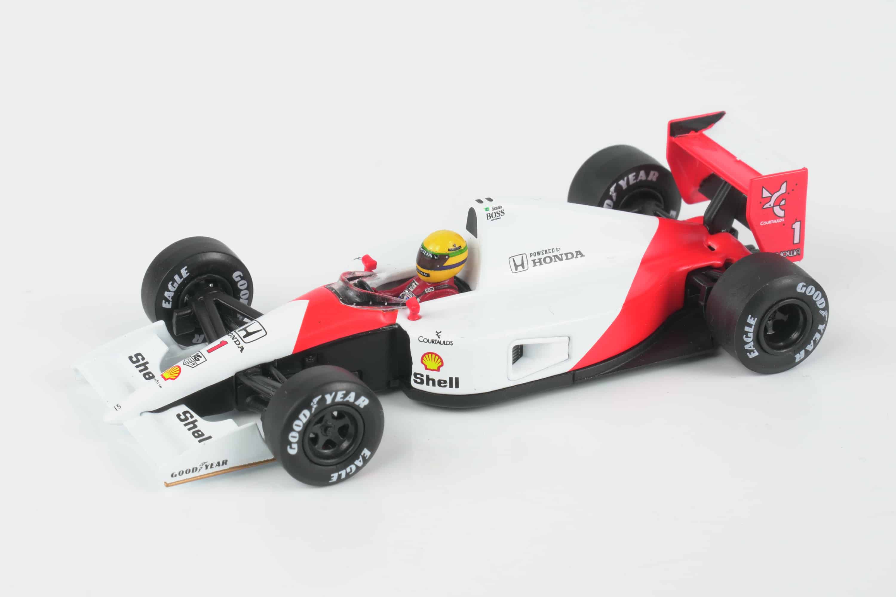 Mini GT - 1:64 McLaren MP4/6 No.1 Ayrton Senna 2nd Place Japanese GP 1991 (Blister Edition) - Diecast Model 3 Mini GT 1:64 McLaren MP4/6 No.1 Ayrton Senna Japanese GP 1991 blister edition diecast model (MGT01120-BL) - front three-quarter