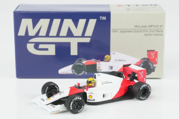Mini GT 1:64 McLaren MP4/6 No.1 Ayrton Senna 2nd Place Japanese GP 1991 diecast model (MGT01120-L) - with box, front three-quarter