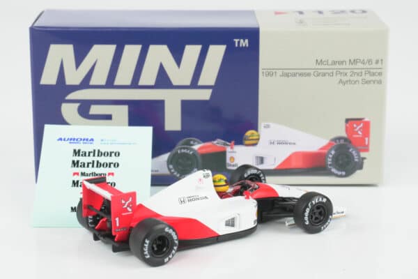 Mini GT 1:64 McLaren MP4/6 No.1 Ayrton Senna 2nd Place Japanese GP 1991 diecast model (MGT01120-L) - with box, rear three-quarter