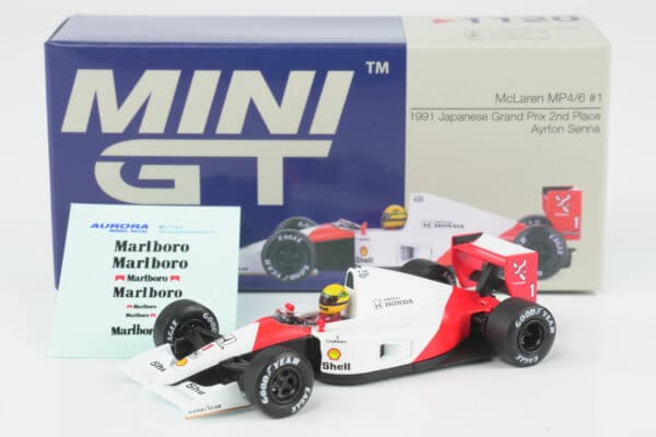 Mini GT 1:64 McLaren MP4/6 No.1 Ayrton Senna 2nd Place Japanese GP 1991 diecast model (MGT01120-L) - with box and decal sheet