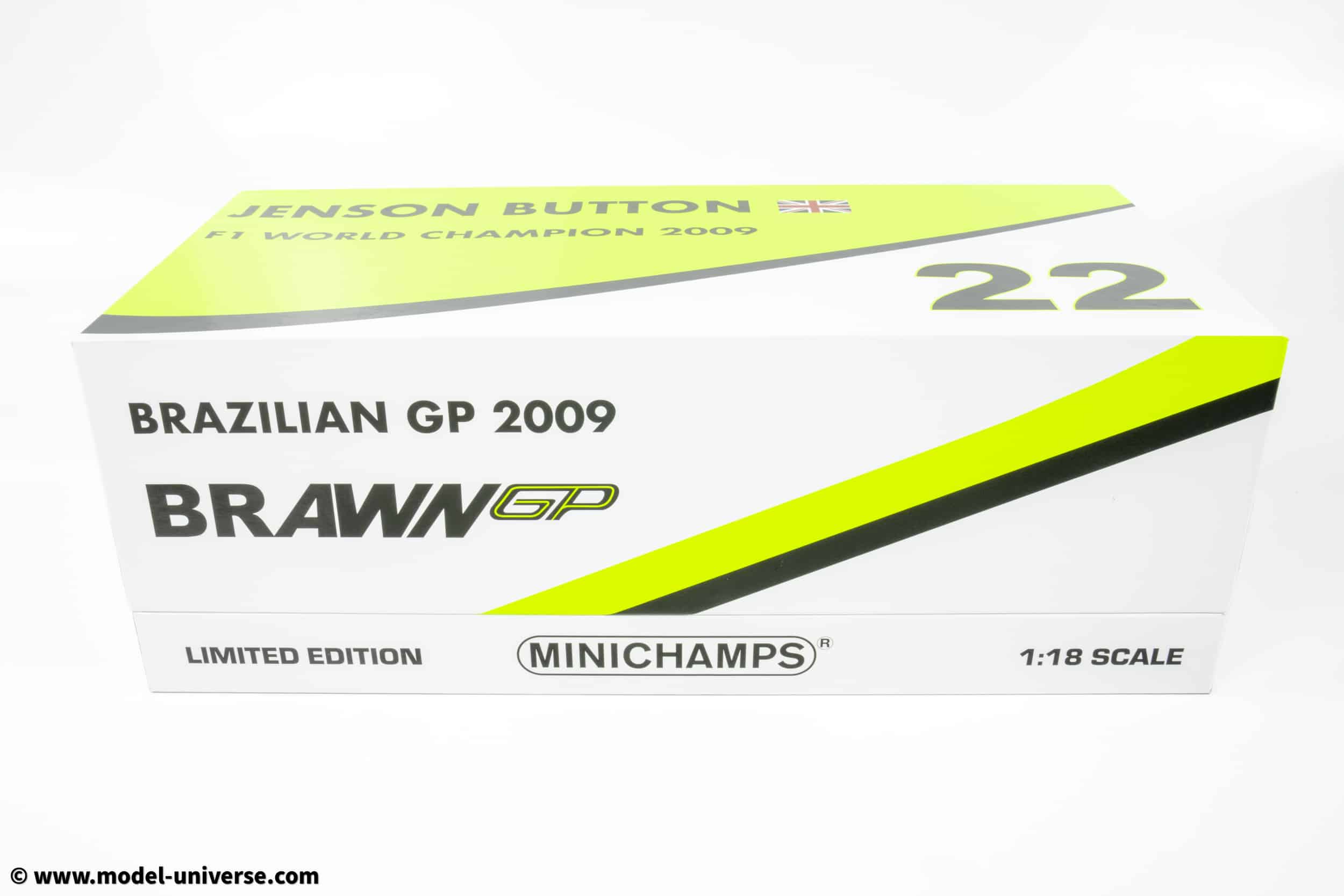 Minichamps - 1:18 Brawn GP BGP001 No.22 Jenson Button World Champion Brazilian GP 2009 with Pitboard - Limited Edition Diecast Model