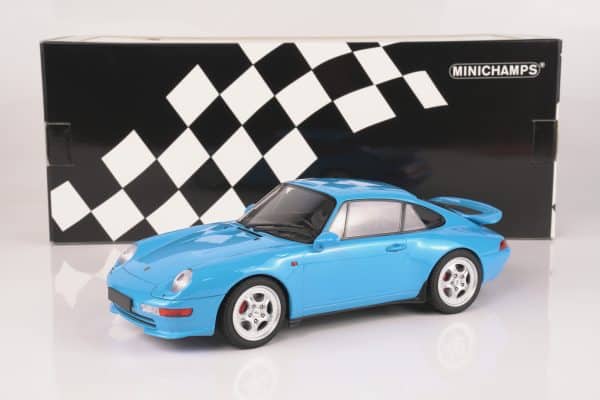 Minichamps 1:18 Porsche 911 Carrera RS (993) Blue 1994 diecast model (155061121), with box, front three-quarter