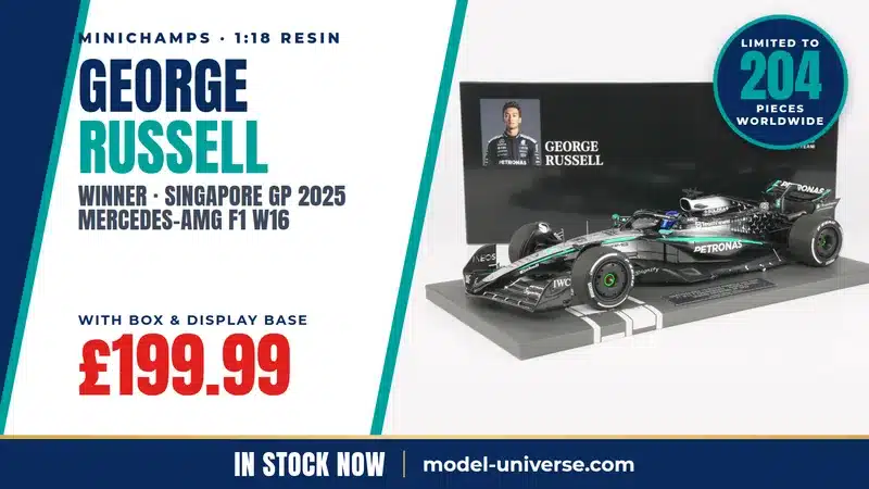 Minichamps 1:18 Mercedes-AMG F1 W16 George Russell Singapore GP 2025 winner, limited to 204 pieces