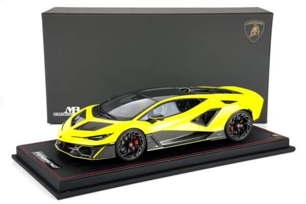 MR Collection 1:18 Lamborghini Fenomeno Giallo Stile yellow resin model car with presentation box, front three-quarter view (LAMBO064A)