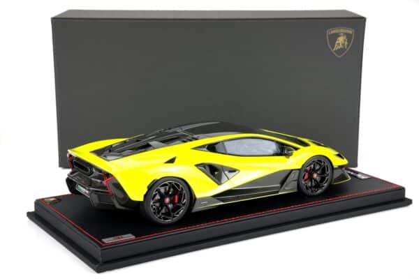 MR Collection 1:18 Lamborghini Fenomeno Giallo Stile yellow resin model car with presentation box, rear three-quarter view (LAMBO064A)