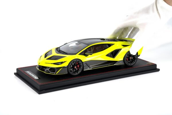 MR Collection - 1:18 Lamborghini Fenomeno Giallo Stile Yellow - Resin Model 13 MR Collection 1:18 Lamborghini Fenomeno Giallo Stile yellow resin model car shown with white-gloved hand for scale (LAMBO064A)