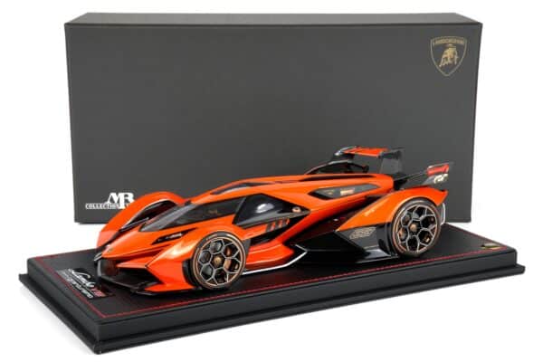 MR Collection 1:18 Lamborghini V12 Vision Gran Turismo Arancio Egon orange resin model car with presentation box, front three-quarter view (LAMBO043B)