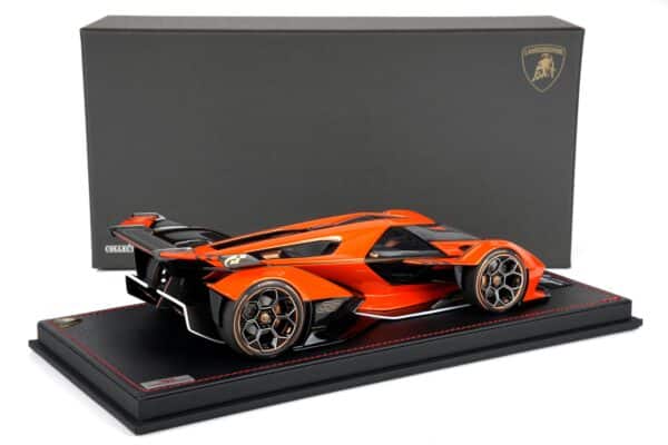 MR Collection 1:18 Lamborghini V12 Vision Gran Turismo Arancio Egon orange resin model car with presentation box, rear three-quarter view (LAMBO043B)