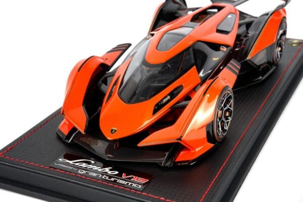 MR Collection - 1:18 Lamborghini V12 Vision Gran Turismo Orange Launch Version - Limited Edition Resin Model 14 MR Collection 1:18 Lamborghini V12 Vision Gran Turismo Arancio Egon orange resin model car front three-quarter studio view (LAMBO043B)