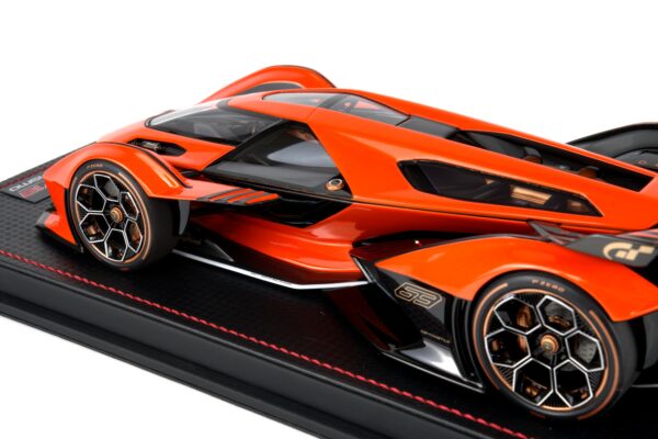 MR Collection - 1:18 Lamborghini V12 Vision Gran Turismo Orange Launch Version - Limited Edition Resin Model 17 MR Collection 1:18 Lamborghini V12 Vision Gran Turismo Arancio Egon orange resin model car low rear three-quarter view showing the rear wing (LAMBO043B)