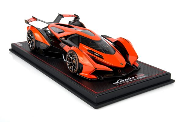 MR Collection - 1:18 Lamborghini V12 Vision Gran Turismo Orange Launch Version - Limited Edition Resin Model 18 MR Collection 1:18 Lamborghini V12 Vision Gran Turismo Arancio Egon orange resin model car high front three-quarter view (LAMBO043B)