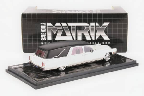 Matrix 1:43 Cadillac Superior Crown Sovereign Landaulet Hearse White/Black 1970 (MX20301-184) resin model, with box, rear