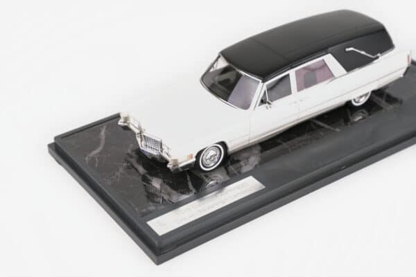 Matrix 1:43 Cadillac Superior Crown Sovereign Landaulet Hearse White/Black 1970 (MX20301-184) Limited Edition Resin Model 7 Matrix 1:43 Cadillac Superior Crown Sovereign Landaulet Hearse White/Black 1970 (MX20301-184) resin model, front three-quarter