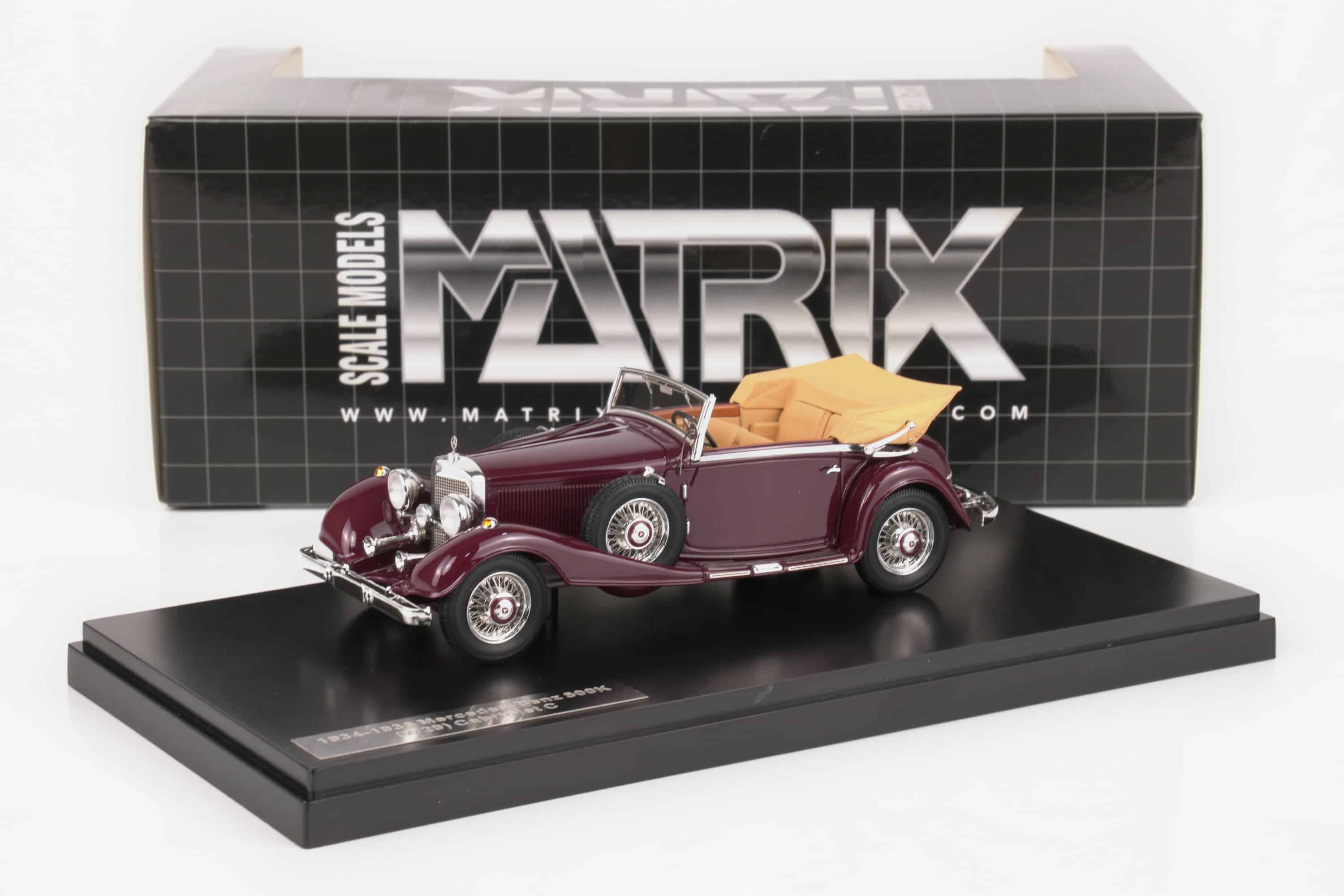 Matrix 1:43 Mercedes-Benz 500K Cabriolet C Maroon 1935 (MX41302-312) Limited Edition Resin Model 1 Matrix 1:43 Mercedes-Benz 500K Cabriolet C Maroon 1935 (MX41302-312) resin model, with box, front