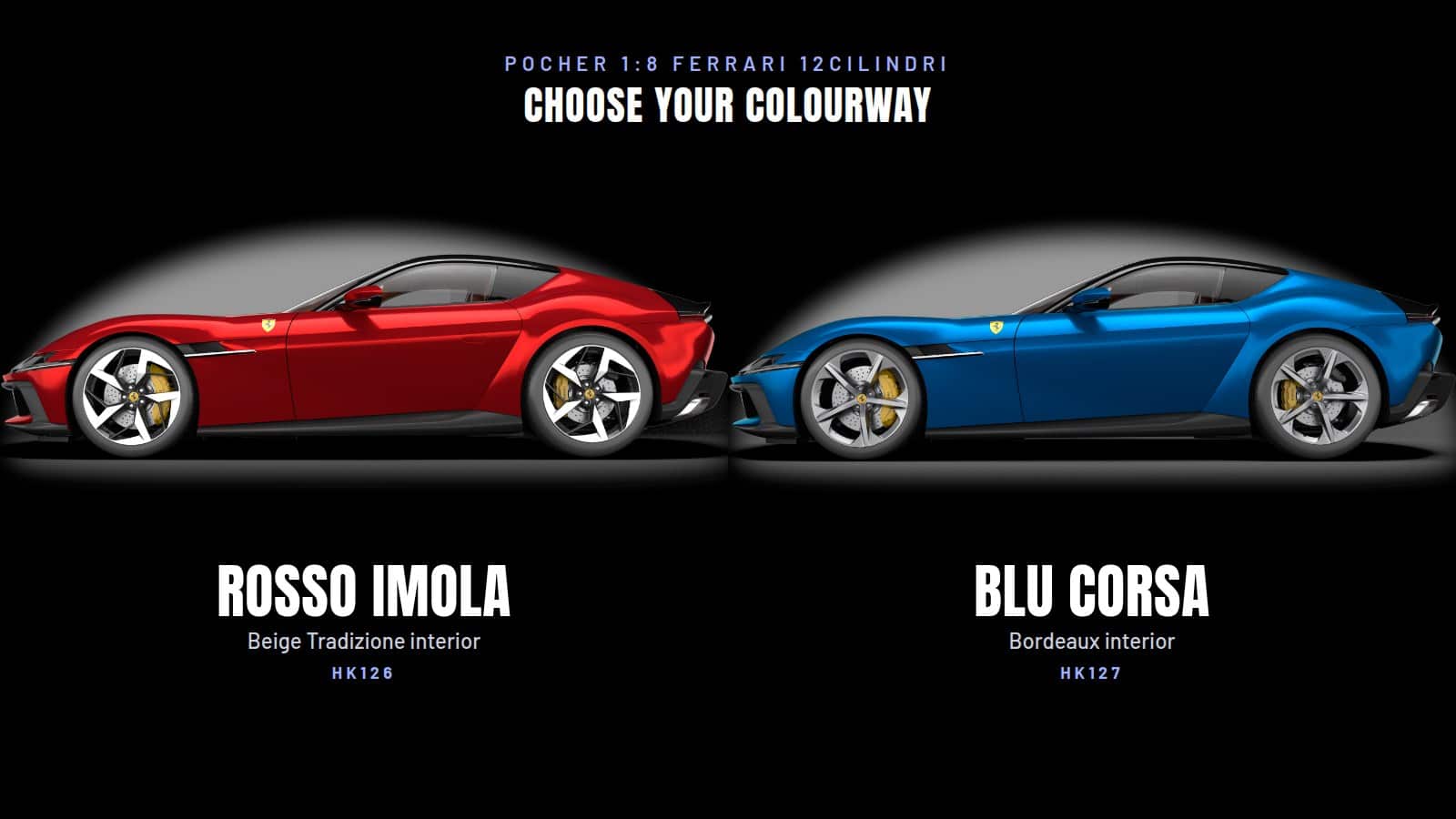 Pocher Ferrari 12Cilindri 1:8 Model Kit: Rosso Imola & Blu Corsa 4 Pocher Ferrari 12Cilindri colourways: HK126 Rosso Imola and HK127 Blu Corsa side profiles
